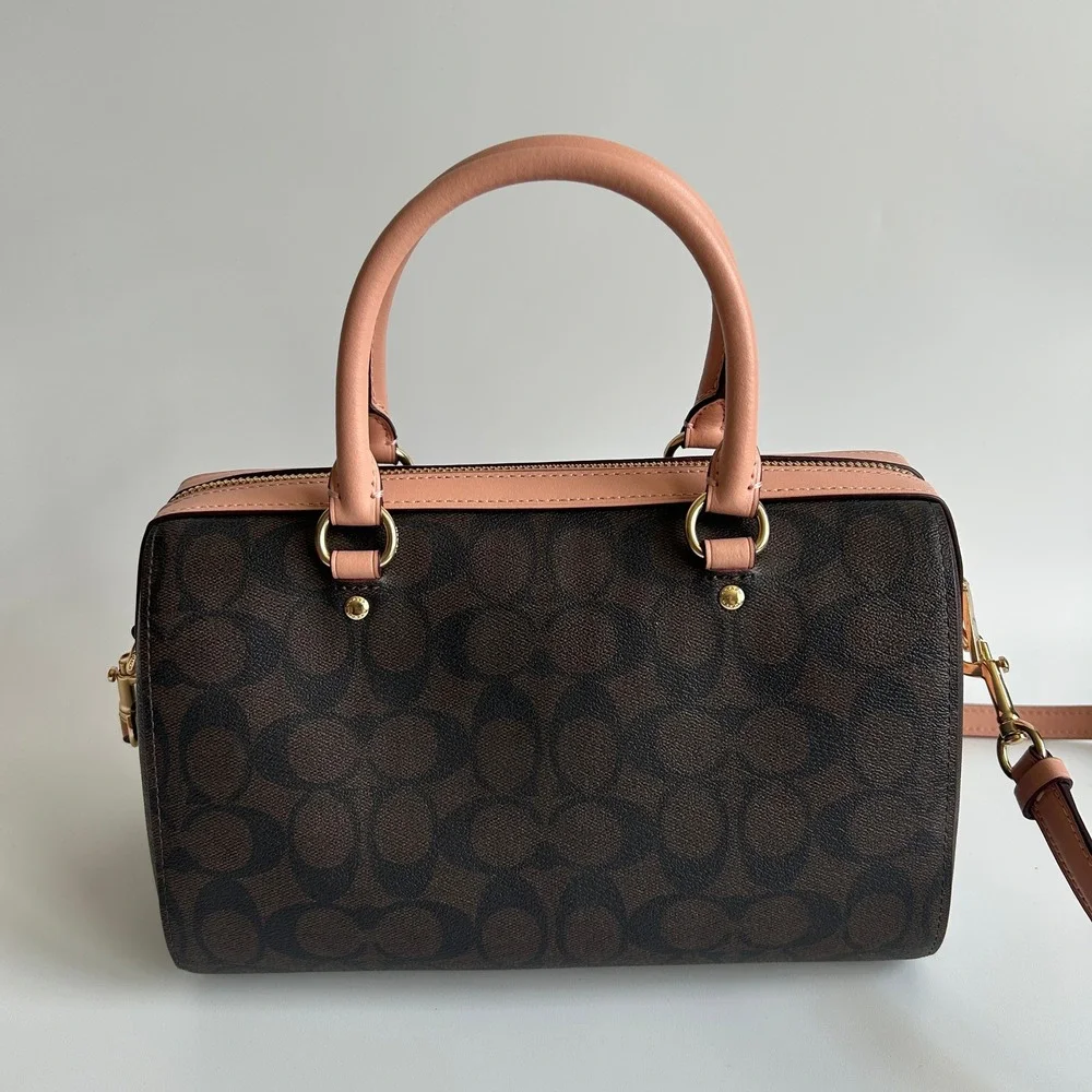 Coach Rowan Satchel Brown Pink Signature Canvas Leather Bag J2198-83607